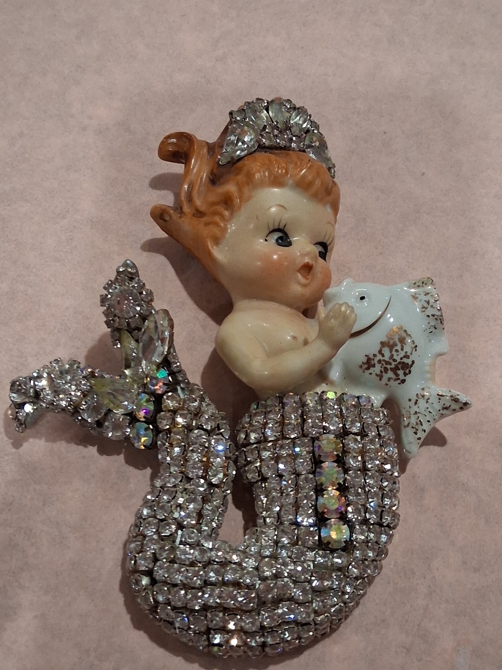 Rare VINTAGE Rhinestone Mermaid Wall Decor Ceramic Figurine.Norcrest JAPAN